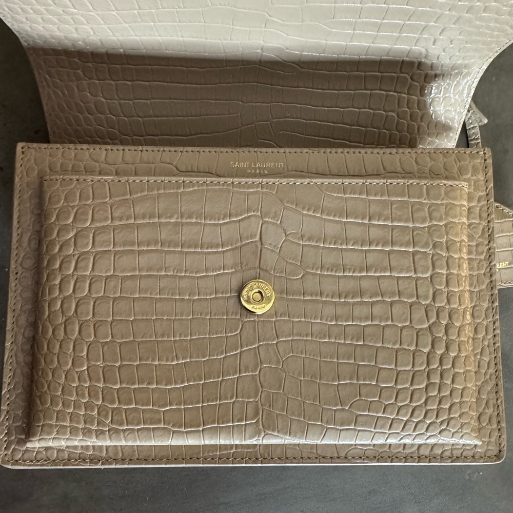 Saint Laurent Sunset Medium Croc-Embossed Leather Shoulder Bag in Dark Beige - Picture 12 of 16